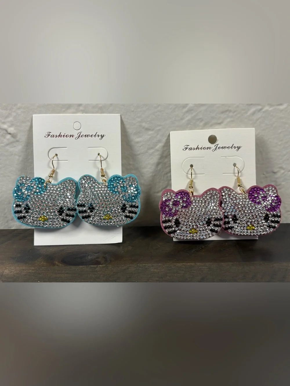 Fashion Jewelry Crystal Hello Kitty Style Dangle Earrings Blue Purple Bling